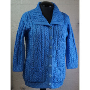 Aran Craft Blue Wool Button Front Cardigan Sweater w/ Pockets New Size L